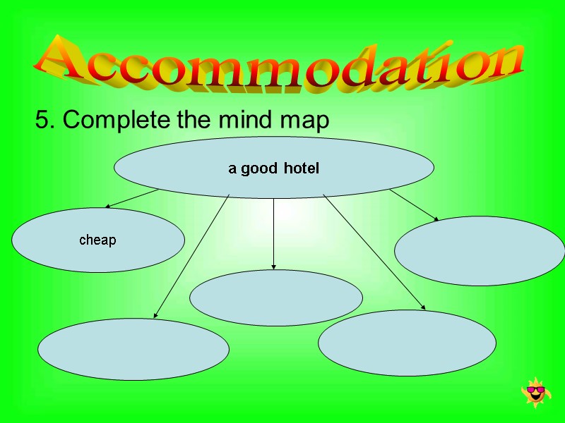 5. Complete the mind map  Accommodation a good hotel cheap
